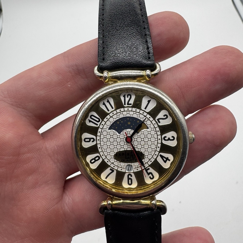 Vintage LA Express Moonphase Watch Quartz Gold Tone Celestial Calendar *Read*